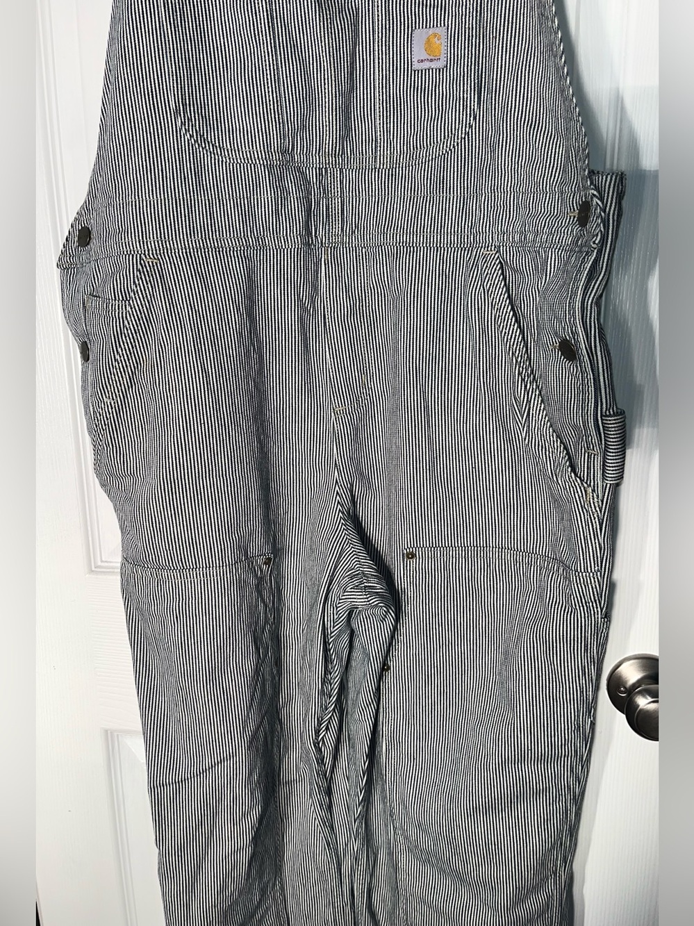Carhartt Denim Bib Overall Women’s Large Relaxed Fit Cotton Railroad Stripe - Picture 4 of 15